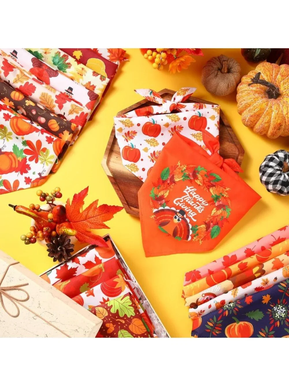 120 Pcs Fall Dog Bandanas Set - Thanksgiving Pumpkin & Maple Leaves Designs